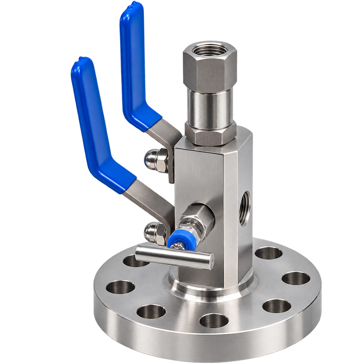 Flanged two-valve instrument manifold in stainless steel
